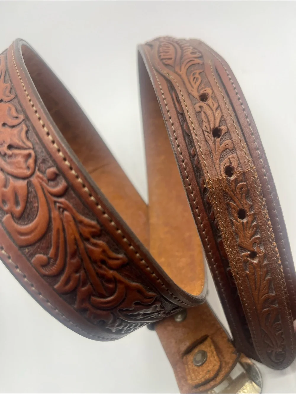 Tooled Brown Leather Western Belt with Silver Buckle